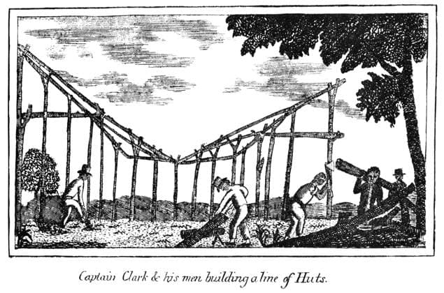 LEWIS & CLARK: HUTS, 1800s. Members of the Lewis & Clak Expedition building a line of huts: copper engraving, 1811, from Patrick Gass Journal of the Lewis & Clark Expedition.  Copyright: xGRANGERx xGRANGERx 0005122