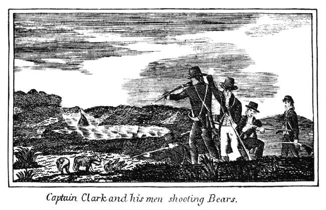LEWIS & CLARK: BEARS 1800s. Shooting bears during the Lewis & Clark expedition. Copper engraving, 1811, from Patrick Gass Journal of the Lewis & Clark Expedition.  Copyright: xGRANGERx xGRANGERx 0005123