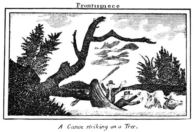 LEWIS & CLARK: CANOE 1800s. A canoe striking a tree during the Lewis & Clark Expedition: copper engraving, 1811, from Patrick Gass Journal of the Lewis & Clark Expedition.  Copyright: xGRANGERx xGRANGERx 0005124