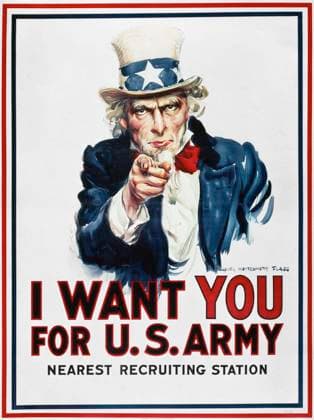 WORLD WAR I: UNCLE SAM. James Montgomery Flagg sfamous I Want You U.S. Army recruiting poster of 1916, used again in every subsequent American war.  Copyright: xGRANGERx xGRANGERx 0008428