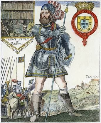 HENRY THE NAVIGATOR (1394-1460), prince of Portugal and patron of exploration, at the conquest of Ceuta in northern Morocco, 1415. Line engraving, 16th century.  Copyright: xSarinxImagesx xGRANGERx 0008566