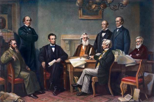 EMANCIPATION PROCLAMATION, 1862. The first reading of the Emancipation Proclamation before President Abraham Lincoln s cabinet in 1862. Standing left to right: Salmon P. Chase, Caleb B. Smith, Montgomery Blair; seated left to right: Edwin M. Stanton, President Lincoln, Gideon Welles, William H. Seward, Edward Bates. Engraving, 1866.  Copyright: xSarinxImagesx xGRANGERx 0009231