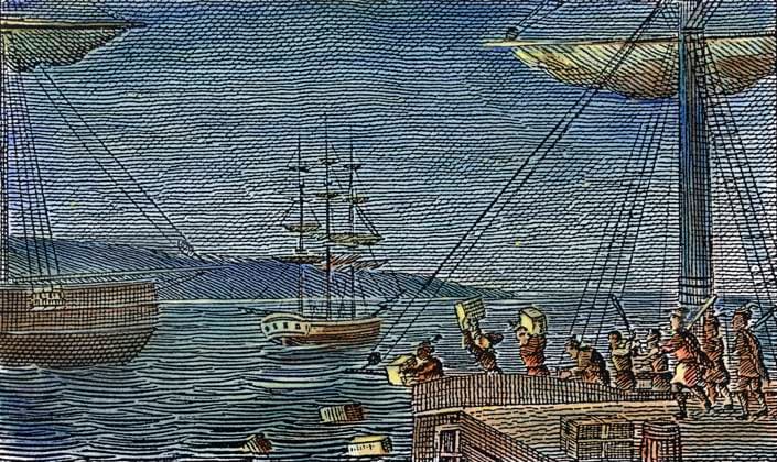 THE BOSTON TEA PARTY, 1773. 16 December 1773. American engraving, 1829.  Copyright: xSarinxImagesx xGRANGERx 0009348