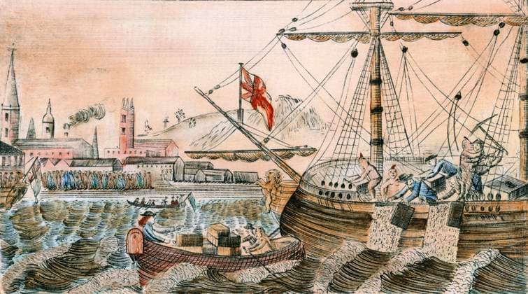 THE BOSTON TEA PARTY, 1773. The Boston Tea Party, 16 December 1773. The earliest known American depiction of the event. Engraving, 1789.  Copyright: xSarinxImagesx xGRANGERx 0009361