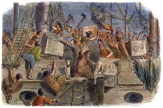 BOSTON TEA PARTY, 1773. Destruction of the tea in Boston Harbor, 16 December 1773. Wood engraving, 19th century.  Copyright: xSarinxImagesx xGRANGERx 0009362