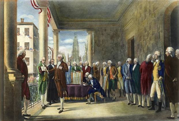 WASHINGTON: INAUGURATION, 1789. The inauguration of George Washington as the first President of the United States at Federal Hall, New York City, 30 April 1789. After a painting by Ramon de Elorriaga, 1889.  Copyright: xSarinxImagesx xGRANGERx 0009880