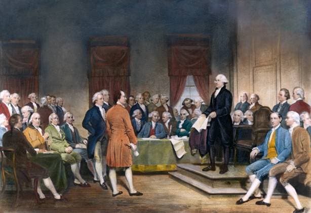 CONSTITUTIONAL CONVENTION, 1787. George Washington addresses the Constitutional Convention in Philadelphia, Pennsylvania. Color variation after oil on canvas by Junius Brutus Stearns, 1856.  Copyright: xSarinxImagesx xGRANGERx 0009907