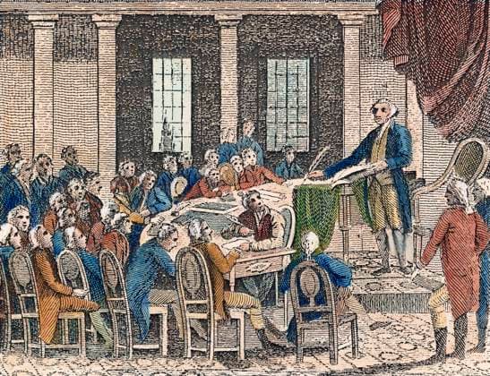CONSTITUTIONAL CONVENTION. George Washington presiding at the Constitutional Convention at Philadelphia in 1787. Line engraving, American, 1823.  Copyright: xSarinxImagesx xGRANGERx 0010456