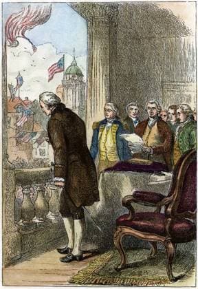 WASHINGTON: INAUGURATION, 1789. George Washington bowing to the crowd outside Federal Hall in New York City after being sworn in as the first president of the United States, 30 April 1789. Engraving, 19th century.  Copyright: xSarinxImagesx xGRANGERx 0011283