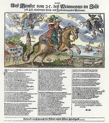 TREATY OF MUNSTER, 1648. A joyous postillion announcing the peace of Munster and the end of the Thirty Years War, 1648. Contemporary German broadsheet.  Copyright: xSarinxImagesx xGRANGERx 0011354