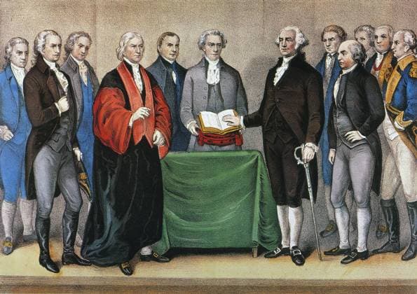 WASHINGTON: INAUGURATION. The Inauguration of George Washington at Federal Hall, New York, 30 April 1789. Lithograph, 1876, by Currier & Ives.  Copyright: xGRANGERx xGRANGERx 0011742
