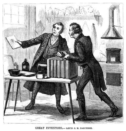 LOUIS DAGUERRE (1789-1851). Louis Jacques Mande Daguerre. French painter and inventor of the daguerreotype. Daguerre discovering the daguerreotype process. Wood engraving, American, 1881.  Copyright: xGRANGERx xGRANGERx 0011906