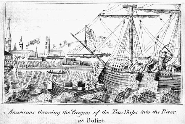 BOSTON TEA PARTY, 1773. Americans throwing the Cargoes of the Tea Ships into the River at Boston, Massachusetts, 16 December 1773. Copper engraving, 1789, the earliest known American depiction of the event.  Copyright: xGRANGERx xGRANGERx 0012091
