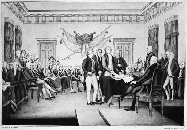 DECLARATION OF INDEPENDENCE. The signing of the Declaration of Independence in Congress at the Independence Hall, Philadelphia, Pennsylvania, 4 July 1776. Lithograph by Nathaniel Currier after the painting by John Trumbull.  Copyright: xGRANGERx xGRANGERx 0013701