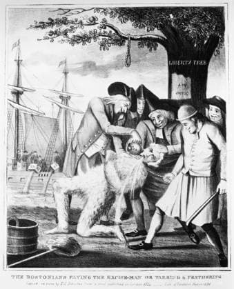 BOSTON TEA PARTY, 1773. The Bostonians Paying the Excise Man, or Tarring & Feathering. American edition of an English mezzotint satire, 1774, on the treatment given to John Malcom, an unpopular Commissioner of Customs at Boston, Massachusetts.  Copyright: xGRANGERx xGRANGERx 0013702