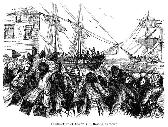 BOSTON TEA PARTY, 1773. Destruction of the tea in Boston Harbor, 16 December 1773. Wood engraving, 19th century.  Copyright: xGRANGERx xGRANGERx 0013703