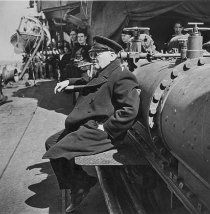 WINSTON CHURCHILL, 1944. British Prime Minister Winston Churchill crossing the English Channel on HMS Kelvin (destroyer) on 12 June 1944, to visit the Normandy invasion beaches.  Copyright: xGRANGERx xGRANGERx 0015131