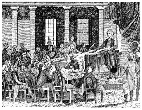 CONSTITUTIONAL CONVENTION. George Washington presiding at the Constitutional Convention at Philadelphia in 1787. Line engraving, American, 1823.  Copyright: xGRANGERx xGRANGERx 0015790