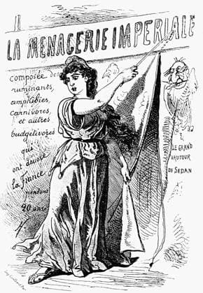 PARIS COMMUNE, 1871. Lithograph by Paul Hadol of Marianne drawing back a curtain to reveal who has controlled France for the previous twenty years. Title-page of the series La Menagerie imperiale, 1870.  Copyright: xGRANGERx xGRANGERx 0016278
