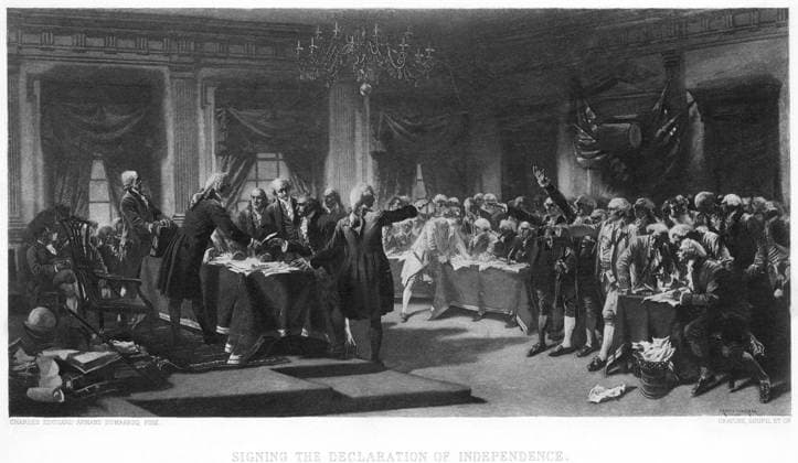 DECLARATION OF INDEPENDENCE. Signing of the Declaration of Independence at Independence Hall in Philadelphia, Pennsylvania, 4 July 1776. Photogravure, French, late 19th century, after a painting, c1873, by Charles Édouard Armand-Dumaresq.  Copyright: xGRANGERx xGRANGERx 0016563