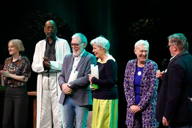 Shari Litt, Dennis Legree, Wolfgang Trepper, Gerburg Jahnke, Lioba Albus und Hape Kerkeling bei der Verleihung des Comedy-Preises Recklinghäuser Hurz im Ruhrfestspielhaus. Recklinghausen, 18.03.2024