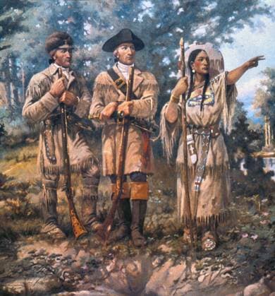 LEWIS AND CLARK, 1805. Explorers Meriwether Lewis (center) and William Clark with the guide Sacagawea at Three Forks of the Missouri, 1805. Detail from a mural, 1912, by Edgar S. Paxson.  Copyright: xGRANGERx xGRANGERx 0022545