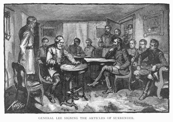 LEE S SURRENDER, 1865. The surrender of General Lee to General Grant at Appomattox Court House, Virginia, 9 April 1865. Wood engraving, 19th century.  Copyright: xGRANGERx xGRANGERx 0028344