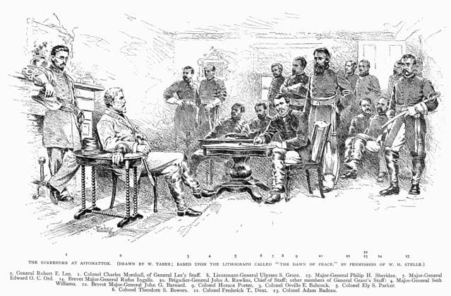 LEE S SURRENDER, 1865. The surrender of General Lee to General Grant at Appomattox Court House, Virginia, 9 April 1865. Drawing, 1887, by W. Taber after a lithograph.  Copyright: xGRANGERx xGRANGERx 0028345