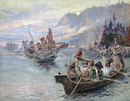 RUSSELL: LEWIS AND CLARK, c1805. Lewis and Clark with Sacajawea and York, on the Lower Columbia River. Watercolor by Charles Russell, 1905.  Copyright: xGRANGERx xGRANGERx 0030505