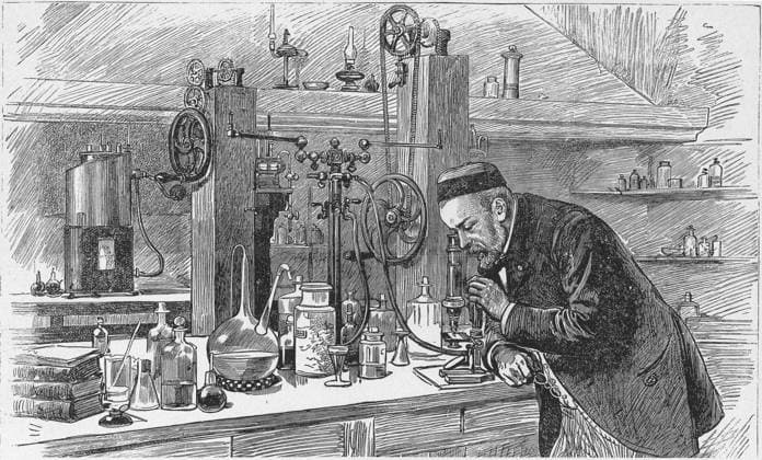 LOUIS PASTEUR (1822-1895). French chemist and microbiologist. Pasteur in his labratory. Wood engraving, French, 1885, after a drawing by Adrien Marie.  Copyright: xGRANGERx xGRANGERx 0030873