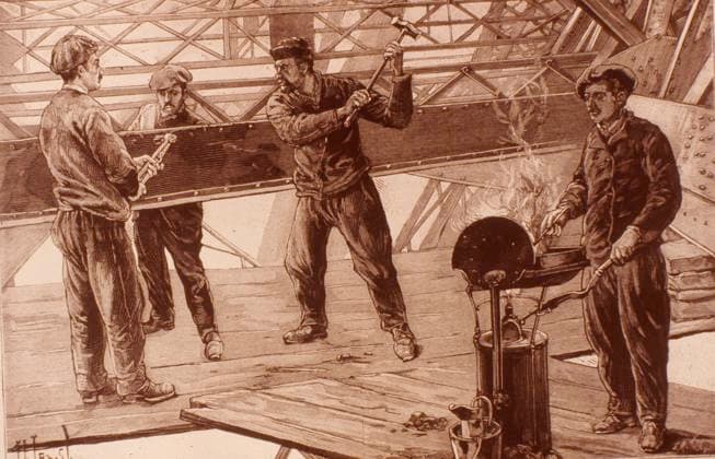 EIFFEL TOWER: RIVETERS 1889. Riveters at work assembling the Eiffel Tower at Paris in 1889.  Copyright: xGRANGERx xGRANGERx 0031351