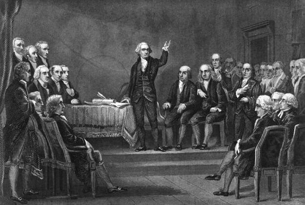 CONSTITUTIONAL CONVENTION. George Washington presiding at the Constitutional Convention at Philadelphia in 1787. Steel engraving, American, 19th century, after a painting by Michael Angelo Wageman.  Copyright: xGRANGERx xGRANGERx 0032717