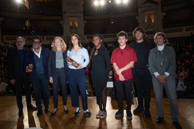 Cesar Des Lyceens 2024 Award Director Jeanne Herry holds her trophy next to Jean-Pierre Darroussin, Alain Attal, French Minister for Education and Youth Nicole Belloubet, Hugo Selignac and Veronique Cayla attending the Cesar Des Lyceens 2024 Award at La Sorbonne In Paris in Paris, France, on March 20, 2024. Photo by Aurore Marechal ABACAPRESS.COM Paris France  Copyright: xMarechalxAurore ABACAx