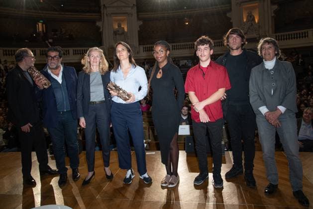 Cesar Des Lyceens 2024 Award Director Jeanne Herry holds her trophy next to Jean-Pierre Darroussin, Alain Attal, French Minister for Education and Youth Nicole Belloubet, Hugo Selignac and Veronique Cayla attending the Cesar Des Lyceens 2024 Award at La Sorbonne In Paris in Paris, France, on March 20, 2024. Photo by Aurore Marechal ABACAPRESS.COM Paris France  Copyright: xMarechalxAurore ABACAx