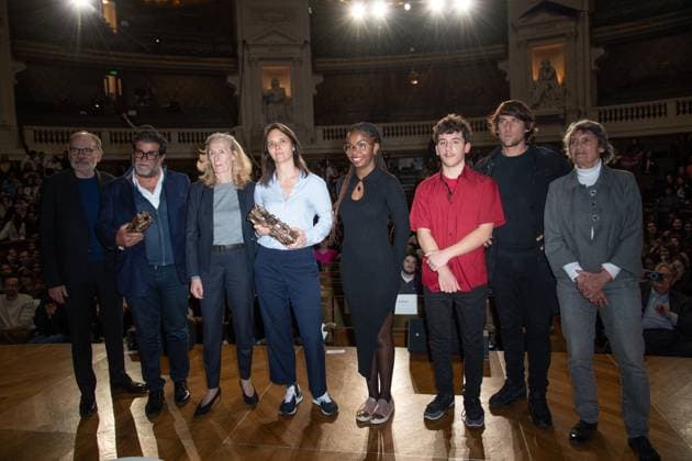 Cesar Des Lyceens 2024 Award Director Jeanne Herry holds her trophy next to Jean-Pierre Darroussin, Alain Attal, French Minister for Education and Youth Nicole Belloubet, Hugo Selignac and Veronique Cayla attending the Cesar Des Lyceens 2024 Award at La Sorbonne In Paris in Paris, France, on March 20, 2024. Photo by Aurore Marechal ABACAPRESS.COM Paris France  Copyright: xMarechalxAurore ABACAx