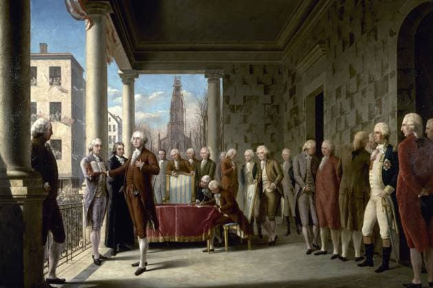 GEORGE WASHINGTON (1732-1799). First President of the United States. The inauguration of George Washington as the first President of the United States at Federal Hall, New York City, 30 April 1789. Oil on canvas by Ramon de Elorriaga, 1889.  Copyright: xGRANGERx xGRANGERx 0037305