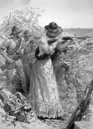 BOER WAR, 1900. Mrs. Davies, a British settler, firing on Boer positions from the trenches during the siege of Mafeking, May 1900. Drawing from a contemporary English newspaper.  Copyright: xGRANGERx xGRANGERx 0037317