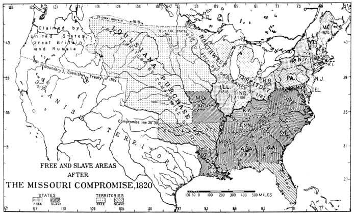 MISSOURI COMPROMISE, 1820. Map of the United States showing the free and slave states and territories following the Missouri Compromise of 1820.  Copyright: xGRANGERx xGRANGERx 0040737