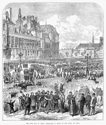 PARIS COMMUNE, 1871. Barricades in front of the Hotel de Ville. Wood engraving from an English newspaper of 8 April 1871.  Copyright: xGRANGERx xGRANGERx 0041032