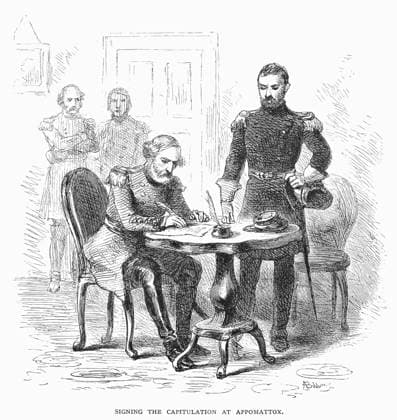 LEE S SURRENDER, 1865. The surrender of General Lee to General Grant at Appomattox Court House, Virginia, 9 April 1865. Wood engraving, 19th century.  Copyright: xGRANGERx xGRANGERx 0041720