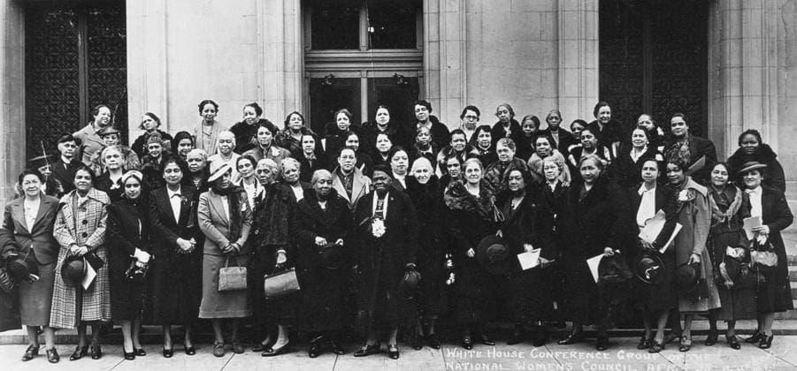 MARY McLEOD BETHUNE (1875-1955). American educator. Mary McLeod Bethune, center holding flowers, with members of the White House Conference Group of the National Women s Council, April 1938.  Copyright: xGRANGERx xGRANGERx 0042256