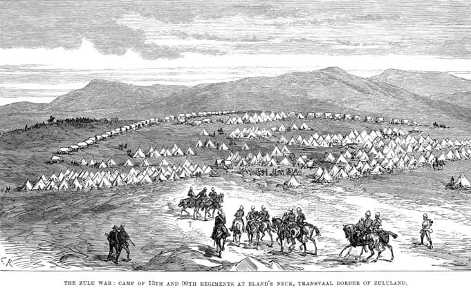 ZULU WAR: TRANSVAAL, 1879. Camp of 13th and 90th British Regiments at Eland s Neck, Transvaal border of Zululand. Line engraving, 1879.  Copyright: xGRANGERx xGRANGERx 0043866