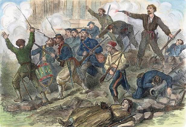PARIS COMMUNE, 1871. A la Mort! Communards fighting in the streets during the Paris Commune of 1871. Wood engraving from an English newspaper of June 1871.  Copyright: xSarinxImagesx xGRANGERx 0045900