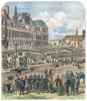 PARIS COMMUNE, 1871. Barricades in front of the Hotel de Ville. Wood engraving from an English newspaper of 8 April 1871.  Copyright: xSarinxImagesx xGRANGERx 0045901