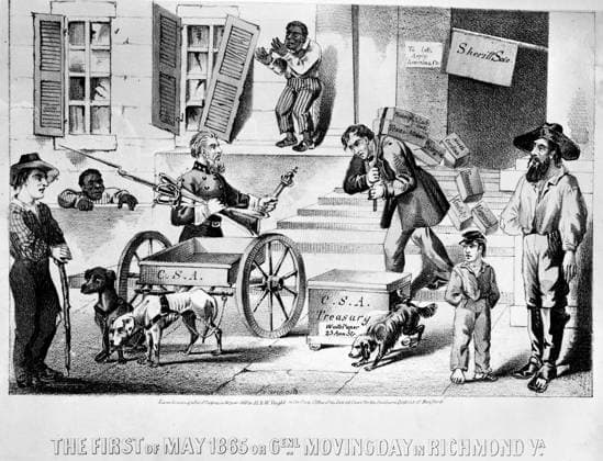 CIVIL WAR: CARTOON, 1865. The First of May 1865, or General Moving Day in Richmond Virginia. General Robert E. Lee assisting Jefferson Davis in moving a bankrupt Confederacy. Lithograph, 1865.  Copyright: xGRANGERx xGRANGERx 0047157