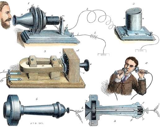 ALEXANDER GRAHAM BELL (1847-1922). American (Scottish born) teacher and inventor. Bell s invention as described in an English newspaper of 1877.  Copyright: xSarinxImagesx xGRANGERx 0051003