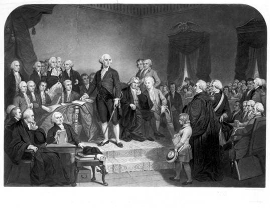 GEORGE WASHINGTON (1732-1799). First President of the United States. The inauguration of George Washington as the first president of the United States at Federal Hall, New York City, on 30 April 1789. Mezzotint, 1849.  Copyright: xGRANGERx xGRANGERx 0051916