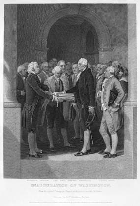 GEORGE WASHINGTON (1732-1799). 1st President of the United States. Inauguration of George Washington as the first President of the United States at Federal Hall, New York, 30 April 1789. Steel engraving, 1870.  Copyright: xGRANGERx xGRANGERx 0051917