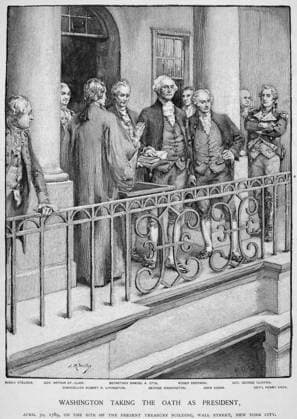 GEORGE WASHINGTON (1732-1799). First President of the United States. The inauguration of George Washington as the first President of the United States at Federal Hall, New York City, on 30 April 1789. Engraving, 1889.  Copyright: xGRANGERx xGRANGERx 0051919
