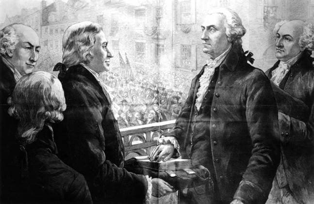USWahl2024, die großen Präsidenten, George Washington GEORGE WASHINGTON (1732-1799). First President of the United States. The inauguration of George Washington as the first President of the United States at Federal Hall, New York, 30 April 1789. Wood engraving, 19th century.  Copyright: xGRANGERx xGRANGERx 0051923